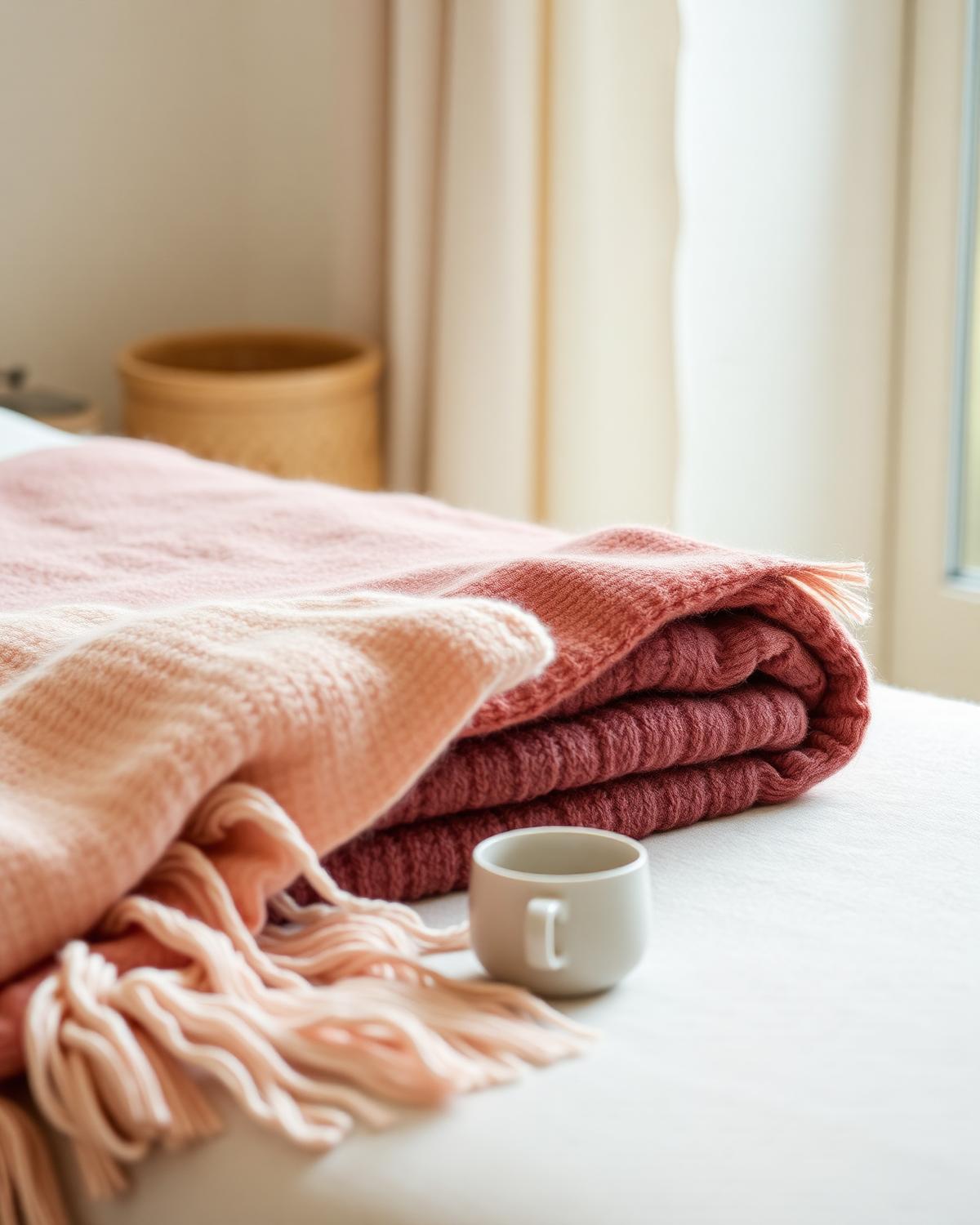 Folded blankets in a calm hypnotherapy room in Hertfordshire
